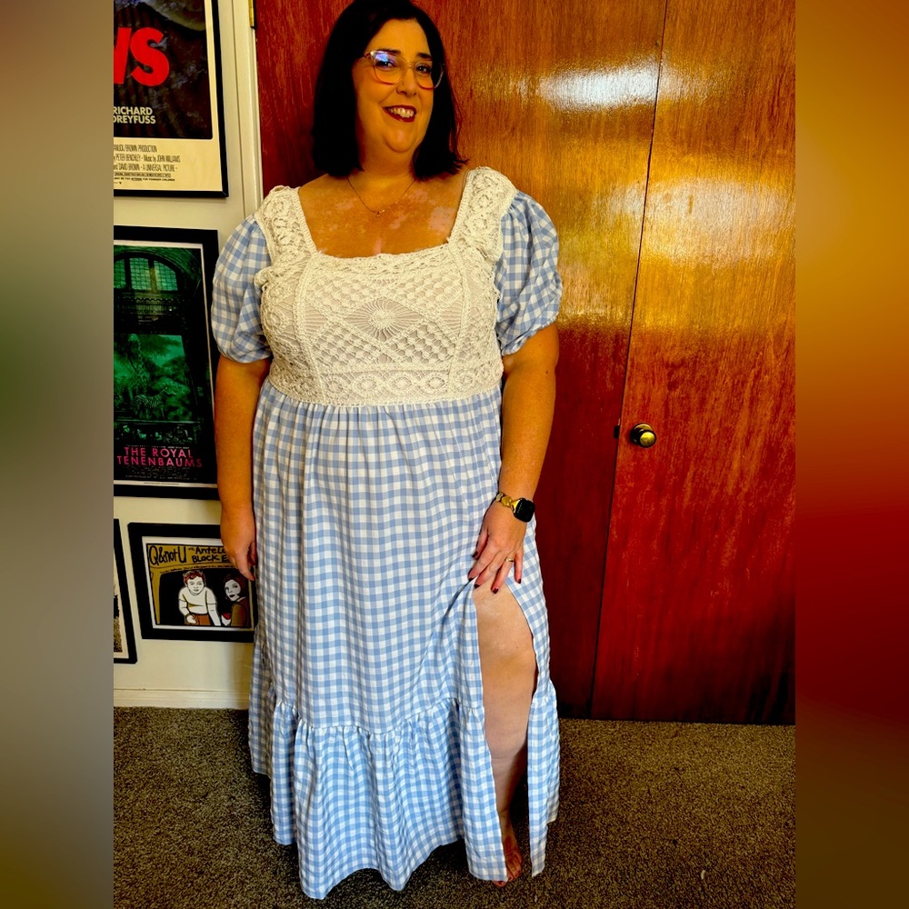 Blue gingham maxi dress with crochet back from ASOS. Size 26W, 26